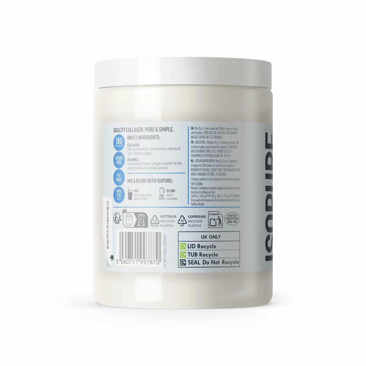 Two 300g tubs of Isopure Unflavoured Collagen powder shown side by side against a clean studio backdrop.
