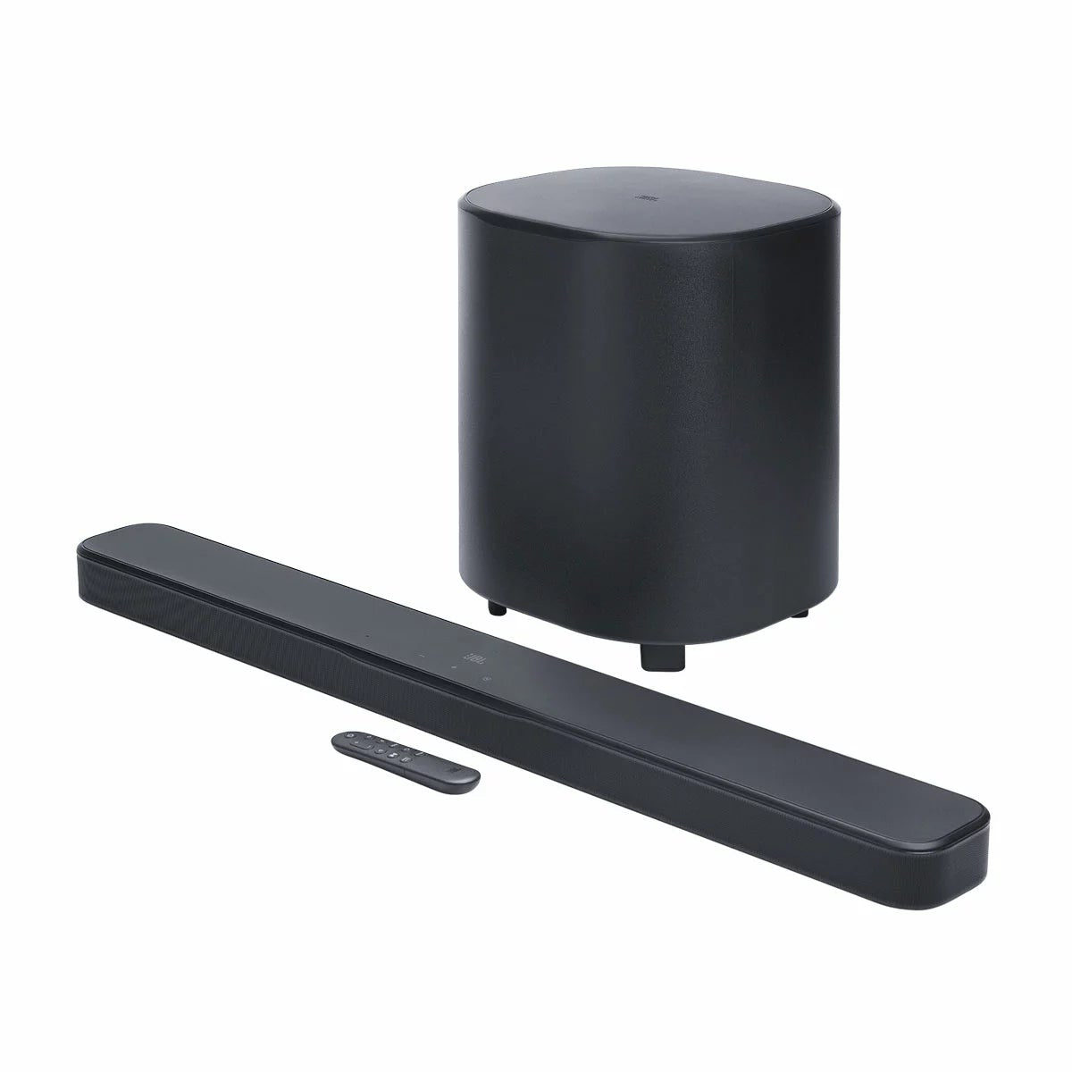 JBL BAR 500MK2 black 5.1 channel soundbar mounted under a wall-mounted TV with its 10-inch wireless subwoofer positioned on a hard-wood floor.