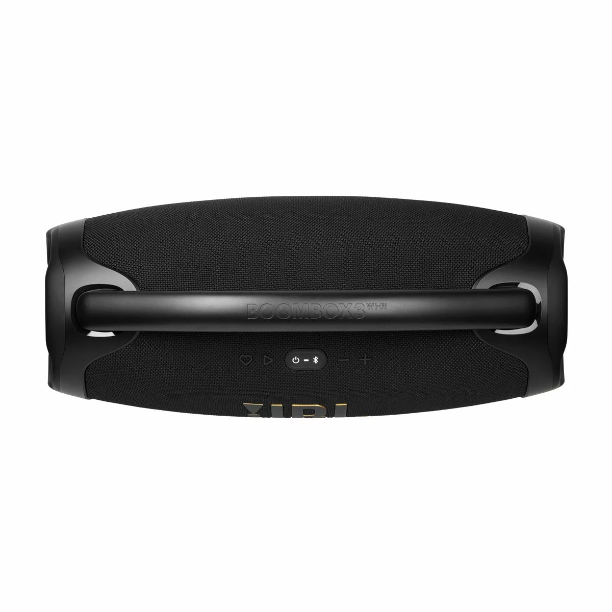 JBL Boombox 3 black Wi-Fi Bluetooth speaker featuring a sturdy metal carrying handle resting on an outdoor table next to a smartphone.