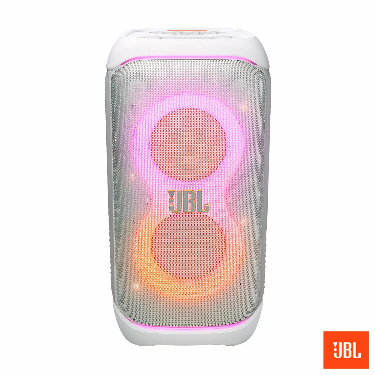 JBL PartyBox Stage 320 white Bluetooth party speaker with deep bass and dynamic lighting for portable events and outdoor entertainment