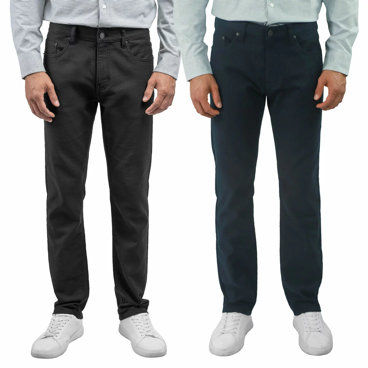 Front view of navy blue Jachs Loopback Twill Pants in a straight-fit cut, showcasing 5-pocket styling and soft twill fabric texture.