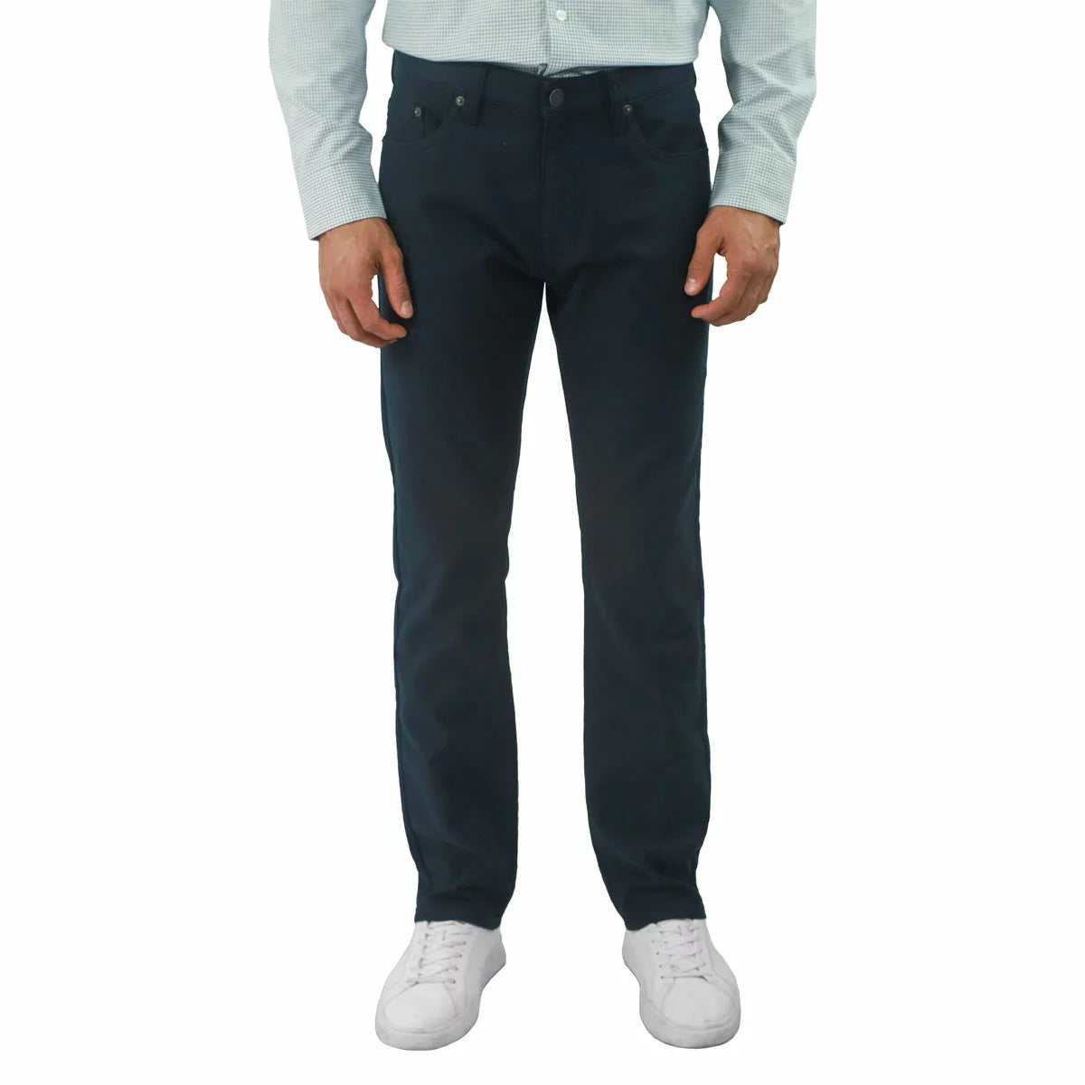Front view of navy blue Jachs Loopback Twill Pants in a straight-fit cut, showcasing 5-pocket styling and soft twill fabric texture.