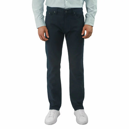 Front view of navy blue Jachs Loopback Twill Pants in a straight-fit cut, showcasing 5-pocket styling and soft twill fabric texture.