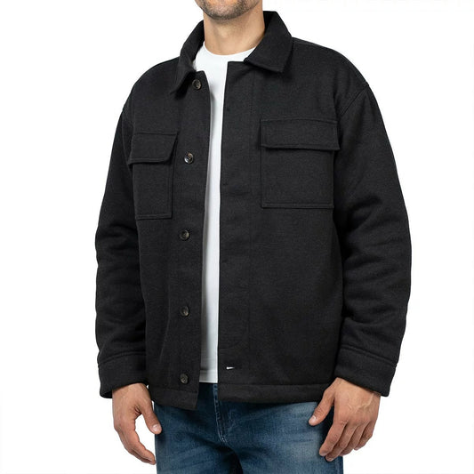 Jachs men's brown quilted shirt jacket featuring hidden button placket and snap chest pockets displayed on a model in an outdoor setting.