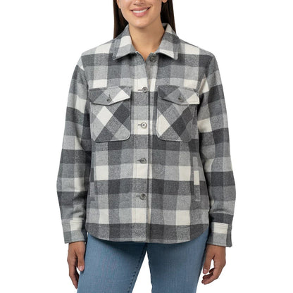 Jachs women's plaid wool-blend quilted shacket featuring velvet cord lining and double chest pockets displayed against a warm autumn outdoor setting.