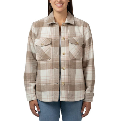 Jachs women's plaid wool-blend quilted shacket featuring velvet cord lining and double chest pockets displayed against a warm autumn outdoor setting.