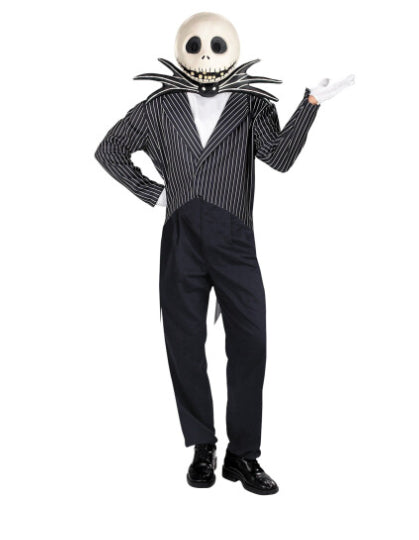 Front view of the official Disney Jack Skellington men's 3XL Halloween costume featuring pinstripe tailcoat, bat bowtie, and skull mask.