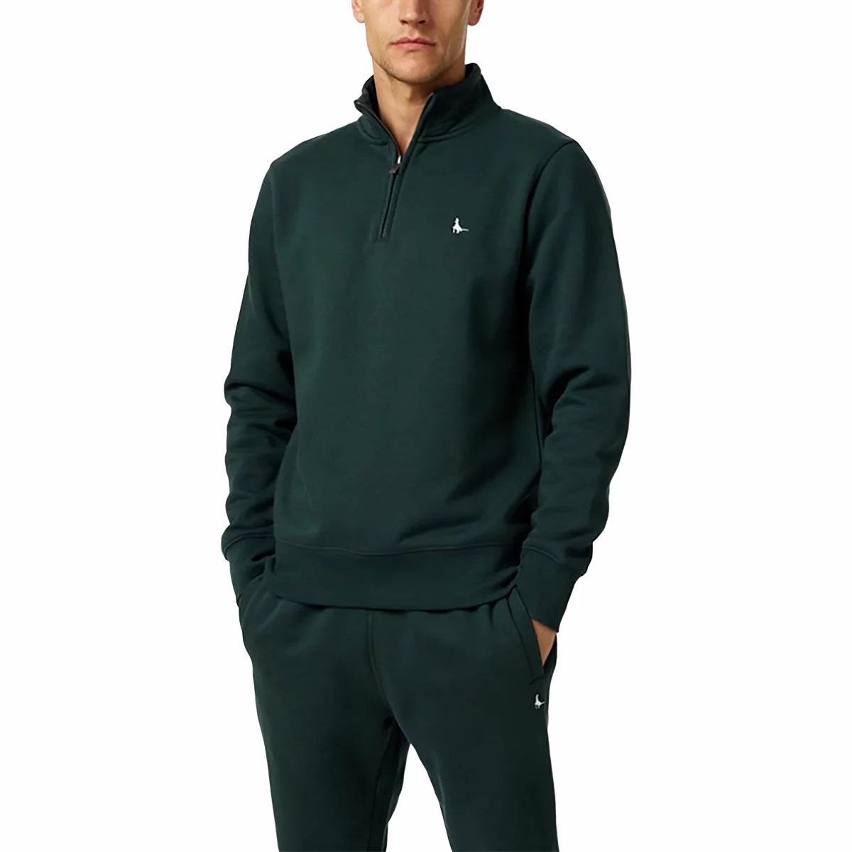Front view of the Jack Wills Men's Barchester 1/4 Zip Sweatshirt in soft brushed fleece with metal zipper detail and iconic embroidered pheasant chest logo.