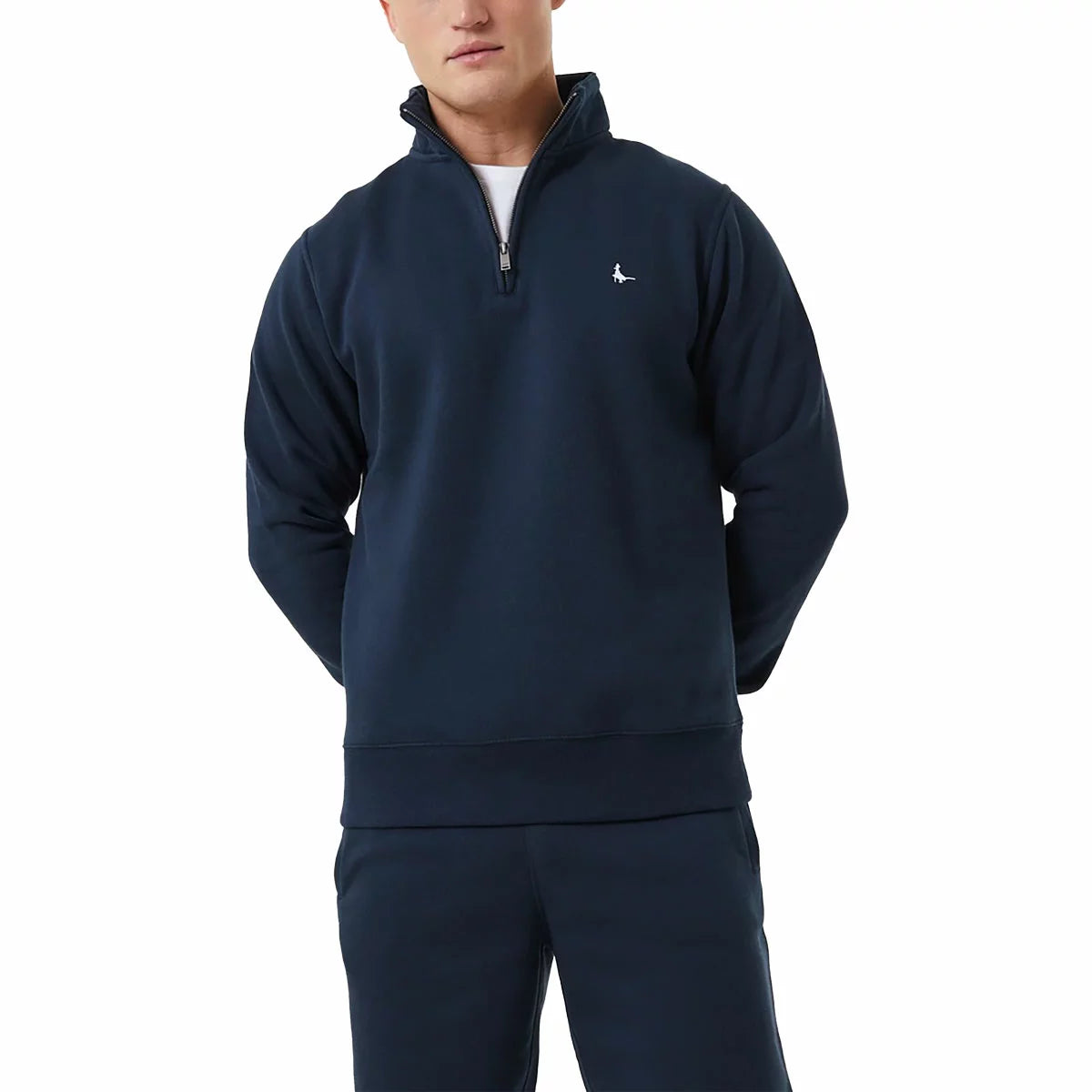 Front view of the Jack Wills Men's Barchester 1/4 Zip Sweatshirt in soft brushed fleece with metal zipper detail and iconic embroidered pheasant chest logo.