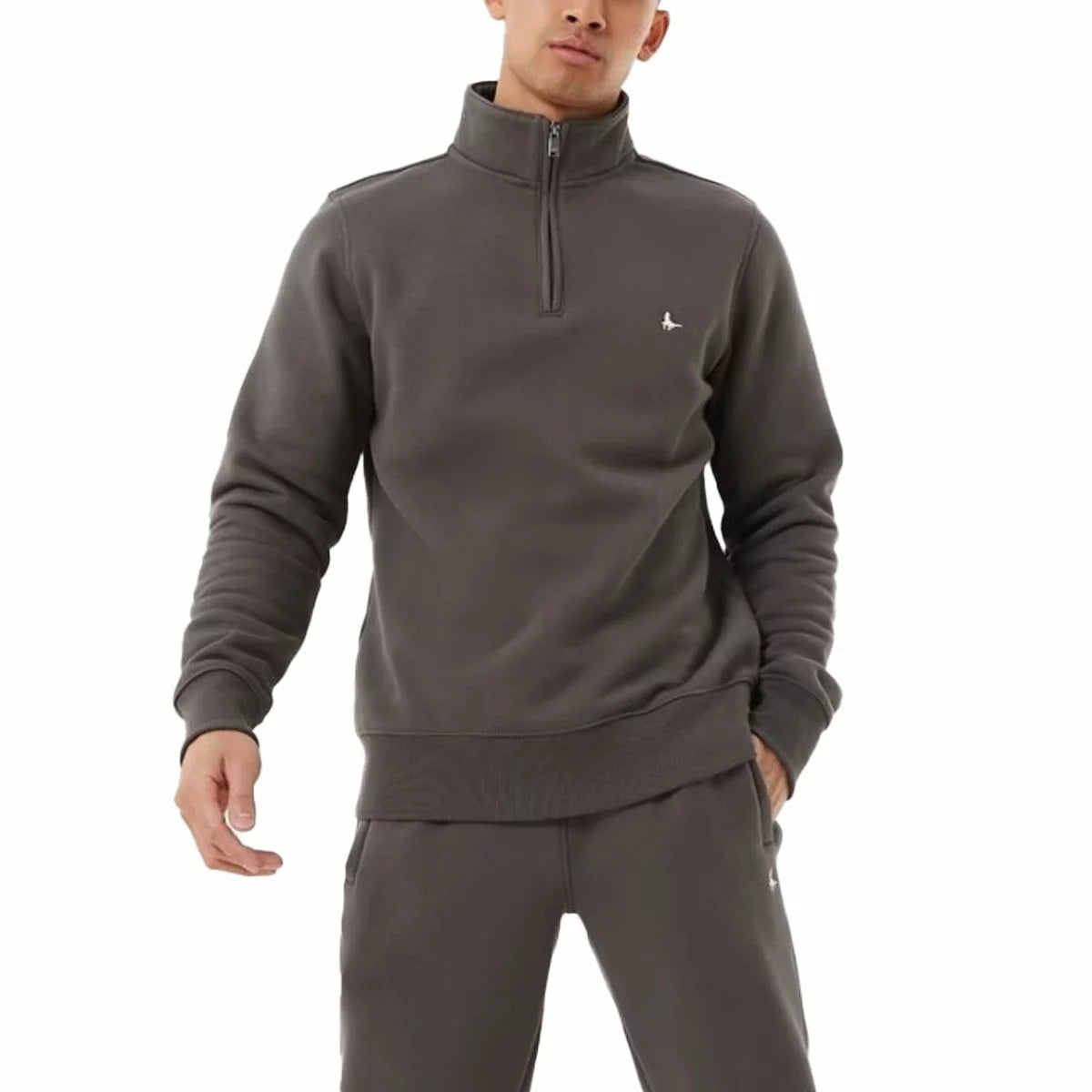 Front view of the Jack Wills Men's Barchester 1/4 Zip Sweatshirt in soft brushed fleece with metal zipper detail and iconic embroidered pheasant chest logo.