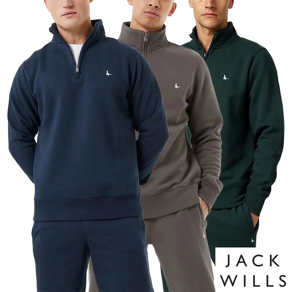 Front view of the Jack Wills Men's Barchester 1/4 Zip Sweatshirt in soft brushed fleece with metal zipper detail and iconic embroidered pheasant chest logo.