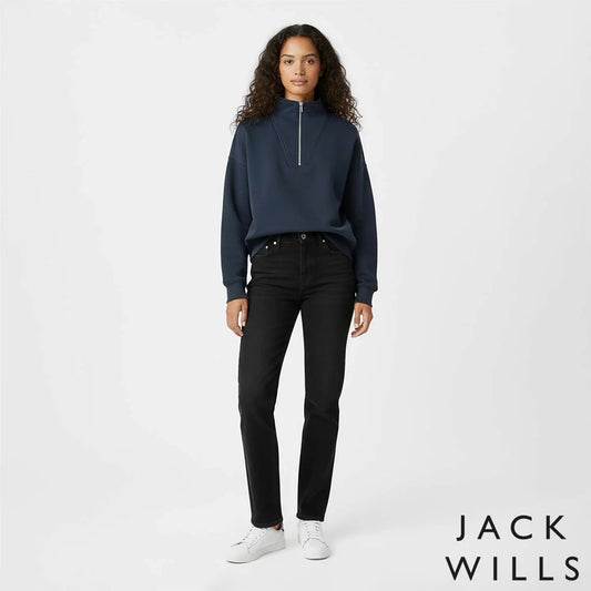 Jack Wills ladies navy quarter-zip sweatshirt with embroidered white pheasant logo and brushed fleece finish shown flat against a neutral background.
