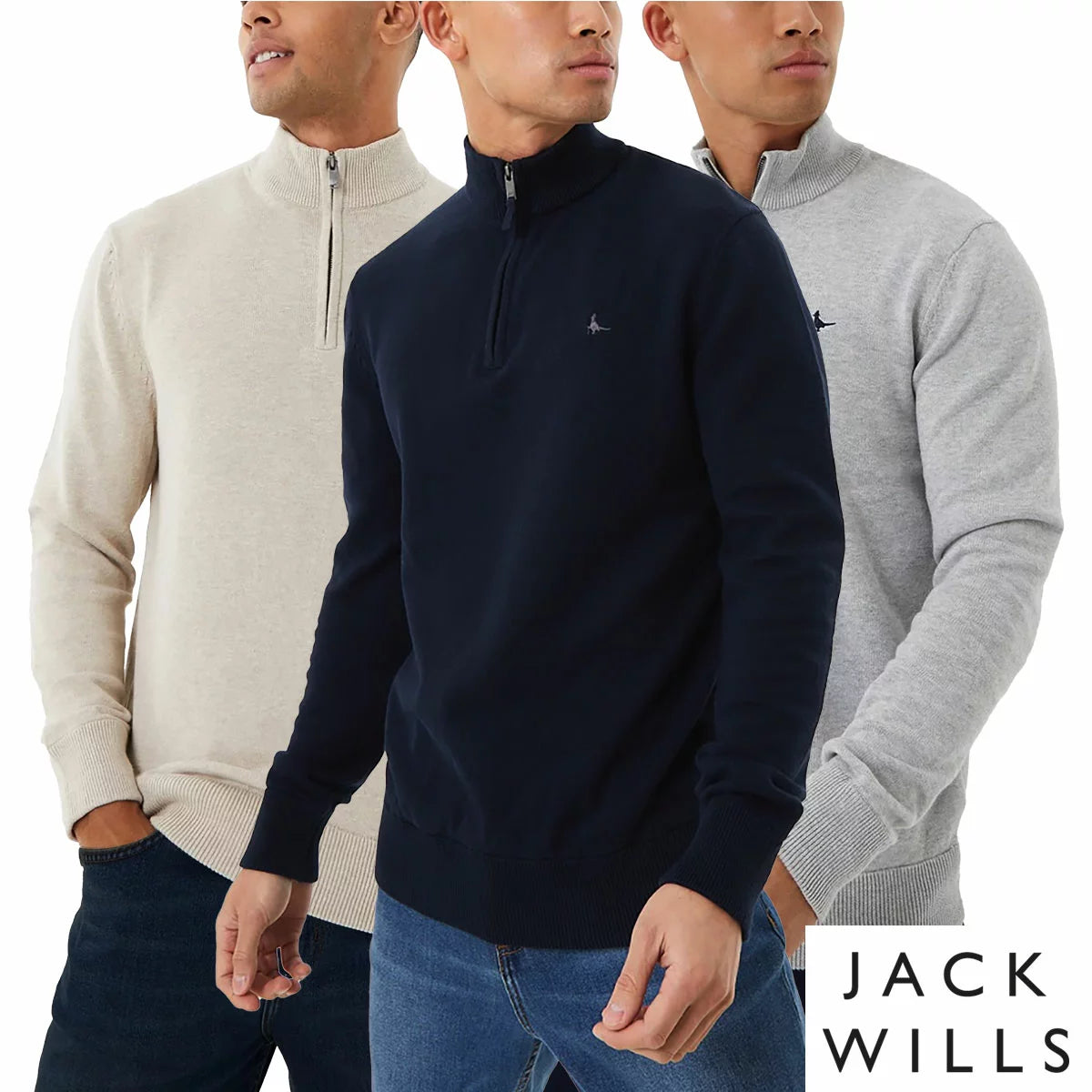 Jack Wills Men's Funnel Neck 1/2 Zip Sweater in Oatmeal brushed cotton featuring embroidered chest logo and gunmetal zipper detail.