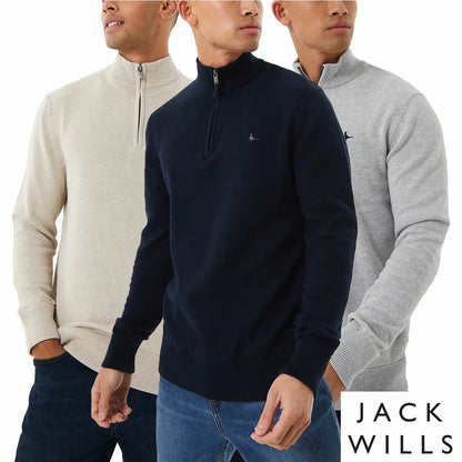 Jack Wills Men's Funnel Neck 1/2 Zip Sweater in Oatmeal brushed cotton featuring embroidered chest logo and gunmetal zipper detail.