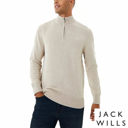 Jack Wills Men's Funnel Neck 1/2 Zip Sweater in Oatmeal brushed cotton featuring embroidered chest logo and gunmetal zipper detail.