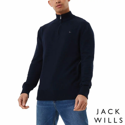 Jack Wills Men's Funnel Neck 1/2 Zip Sweater in Oatmeal brushed cotton featuring embroidered chest logo and gunmetal zipper detail.