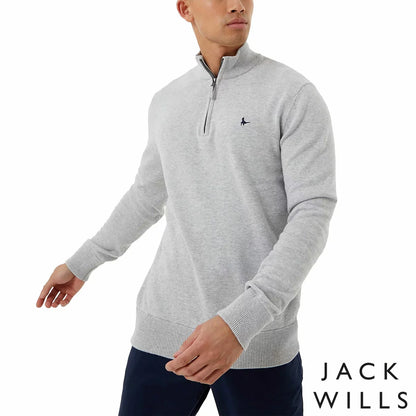 Jack Wills Men's Funnel Neck 1/2 Zip Sweater in Oatmeal brushed cotton featuring embroidered chest logo and gunmetal zipper detail.
