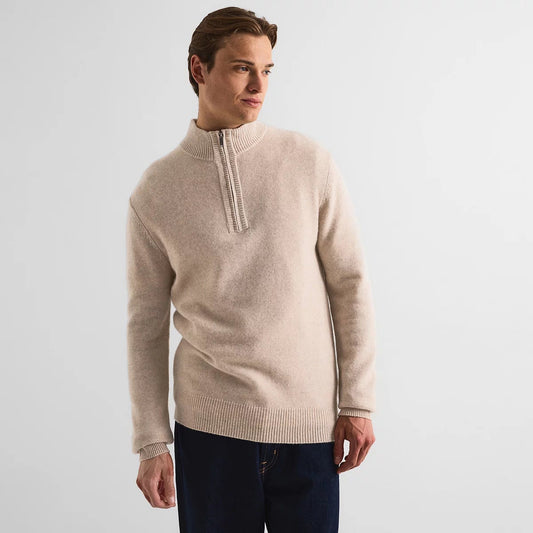 Jack Wills men's navy cashmere blend quarter-zip top with attached jersey hood and internal zip bib displayed flat against a clean neutral backdrop.