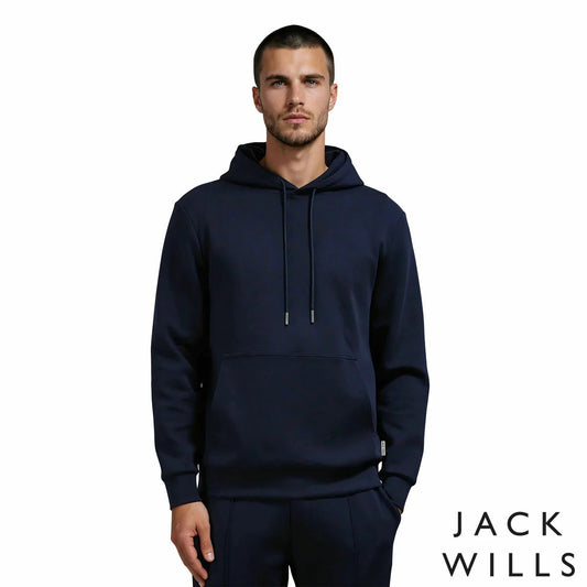 Jack Wills men's navy interlock fleece hoodie featuring a self-fabric kangaroo pocket and drawstring hood shown on a model.