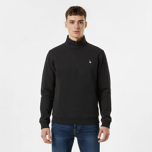 Front view of the Jack Wills Men's Melange 1/4 Zip Jumper in navy showing the ribbed cotton texture, metal zipper pull, and embroidered pheasant chest logo on a plain studio backdrop.