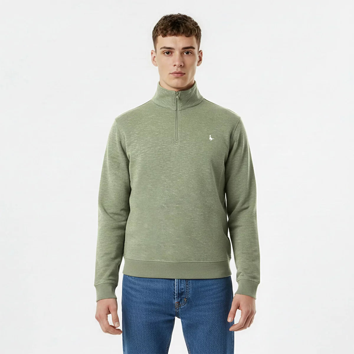 Front view of the Jack Wills Men's Melange 1/4 Zip Jumper in navy showing the ribbed cotton texture, metal zipper pull, and embroidered pheasant chest logo on a plain studio backdrop.