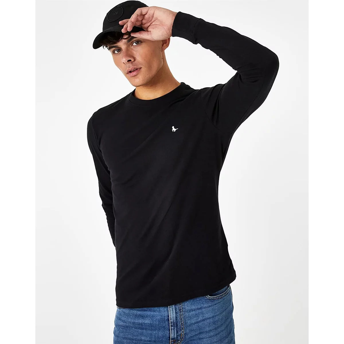 Front view of the Jack Wills Men's Sandleford Long Sleeve Tee in solid navy cotton with the signature embroidered pheasant logo on the chest.