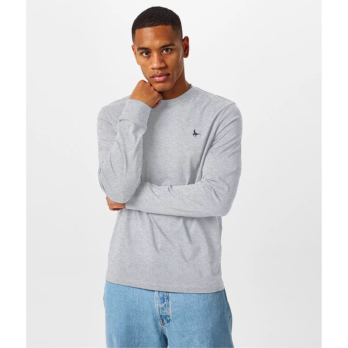 Front view of the Jack Wills Men's Sandleford Long Sleeve Tee in solid navy cotton with the signature embroidered pheasant logo on the chest.