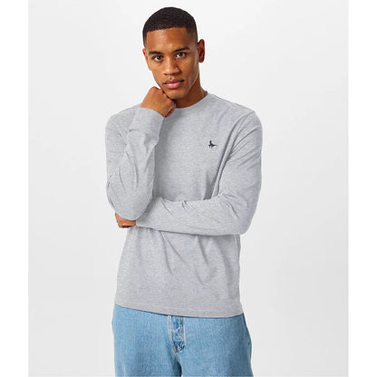 Front view of the Jack Wills Men's Sandleford Long Sleeve Tee in solid navy cotton with the signature embroidered pheasant logo on the chest.