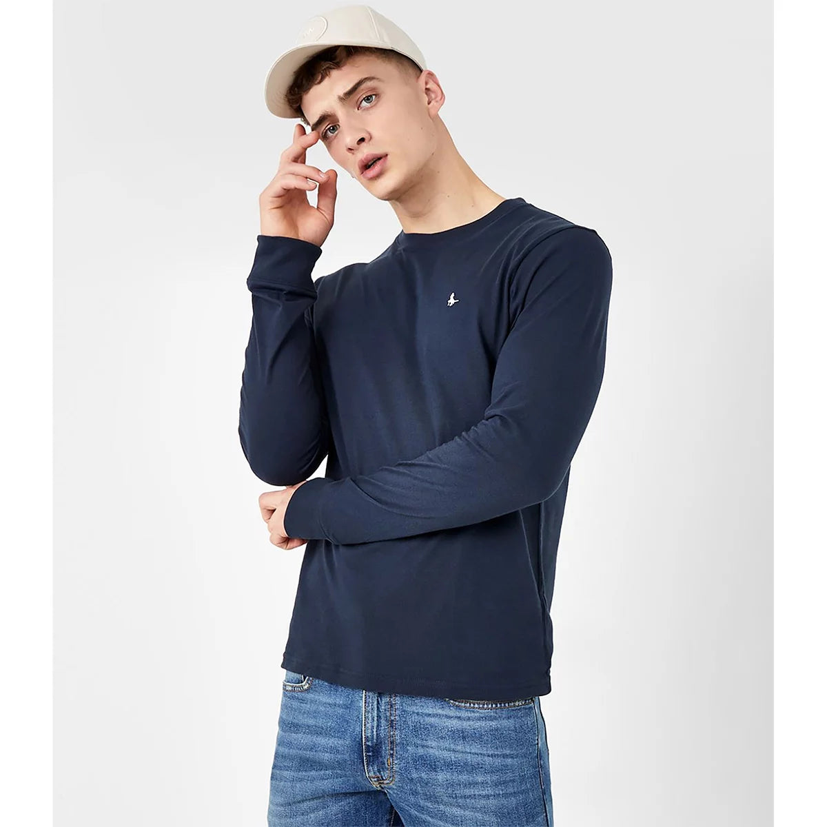 Front view of the Jack Wills Men's Sandleford Long Sleeve Tee in solid navy cotton with the signature embroidered pheasant logo on the chest.