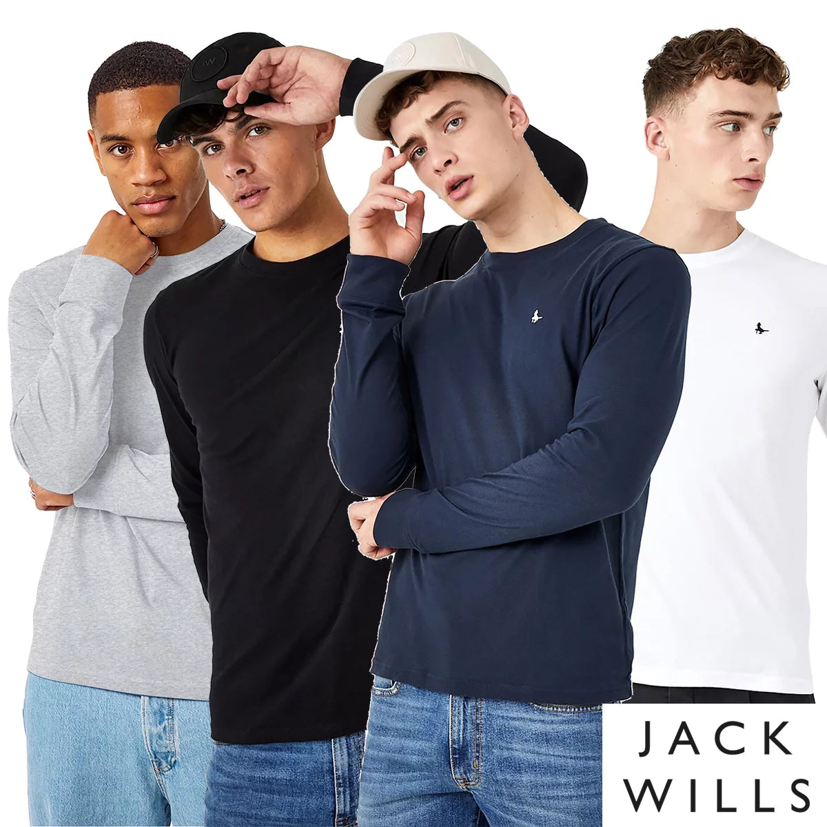 Front view of the Jack Wills Men's Sandleford Long Sleeve Tee in solid navy cotton with the signature embroidered pheasant logo on the chest.