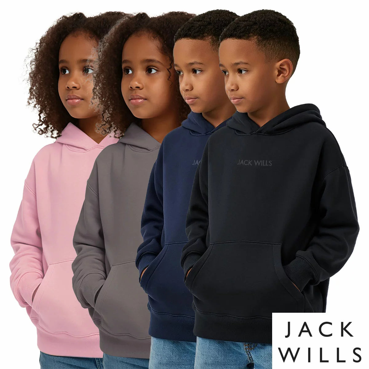 Front view of the Jack Wills Youth Hoodie in grey showing the soft fleece fabric, ribbed cuffs, and front kangaroo pocket.