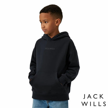 Front view of the Jack Wills Youth Hoodie in grey showing the soft fleece fabric, ribbed cuffs, and front kangaroo pocket.