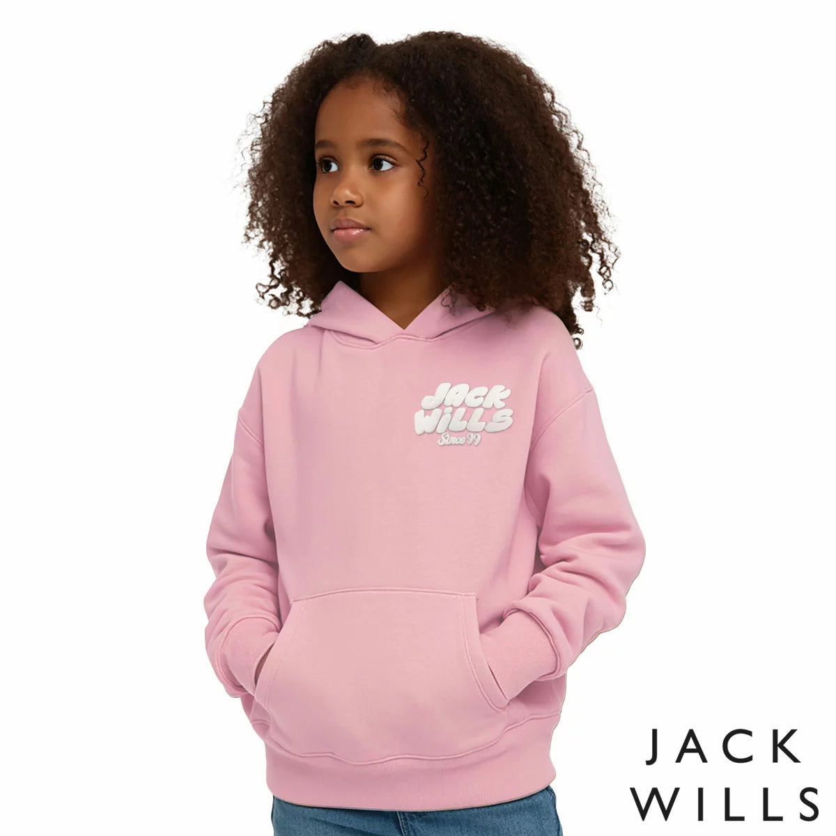 Front view of the Jack Wills Youth Hoodie in grey showing the soft fleece fabric, ribbed cuffs, and front kangaroo pocket.