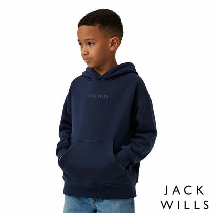 Front view of the Jack Wills Youth Hoodie in grey showing the soft fleece fabric, ribbed cuffs, and front kangaroo pocket.