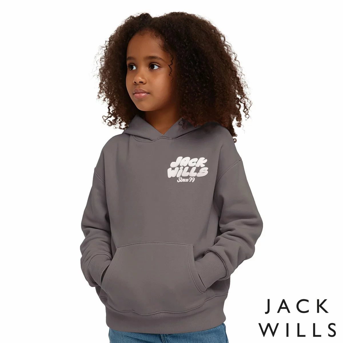 Front view of the Jack Wills Youth Hoodie in grey showing the soft fleece fabric, ribbed cuffs, and front kangaroo pocket.