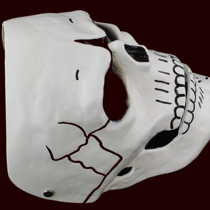 Front angle view of a sleek black James Bond 007 scary resin costume mask showcasing intricate surface details on a dark backdrop.