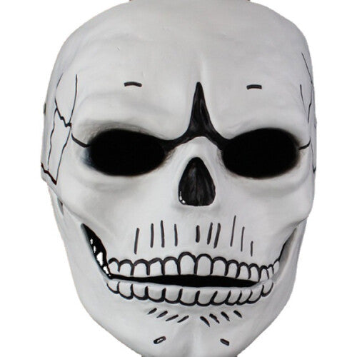 Front angle view of a sleek black James Bond 007 scary resin costume mask showcasing intricate surface details on a dark backdrop.