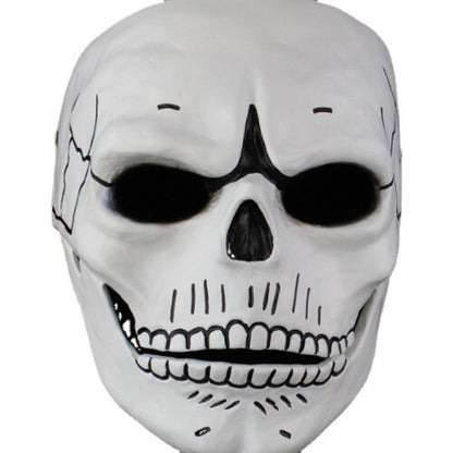 Front angle view of a sleek black James Bond 007 scary resin costume mask showcasing intricate surface details on a dark backdrop.