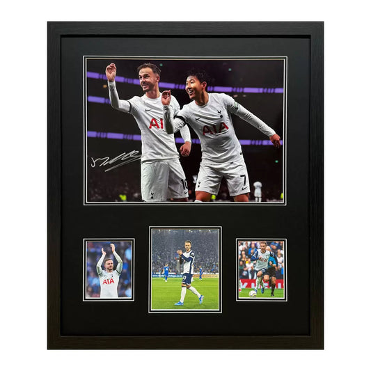 A 16x12 action photograph of James Maddison in a Tottenham Hotspur kit, featuring a clear hand-signed autograph against a professional photographic finish.