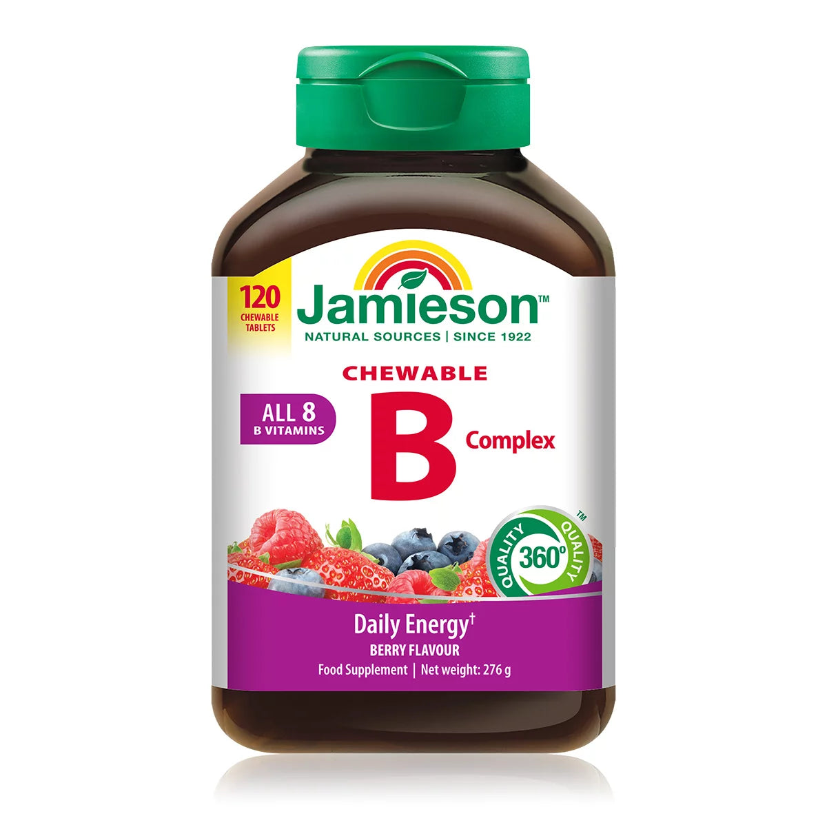 Jamieson Chewable B Complex Berry Bliss 120 Count for energy metabolism, nervous system support, and daily vitamin B supplementation.