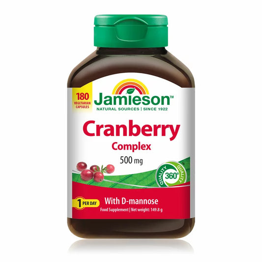 Jamieson Cranberry Capsules 180 count bottle shown at an angle on a white background displaying product details and capsule count.