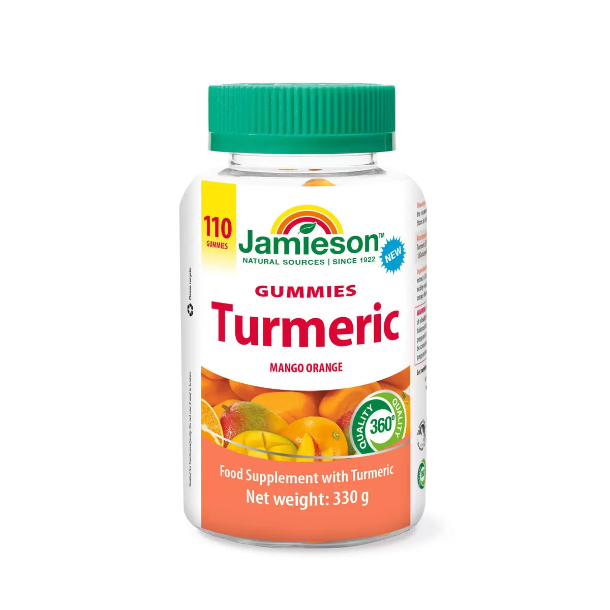 Front angle view of Jamieson Turmeric Gummies 110 count bottle showcasing mango orange gummy detail on a bright white kitchen counter setting.