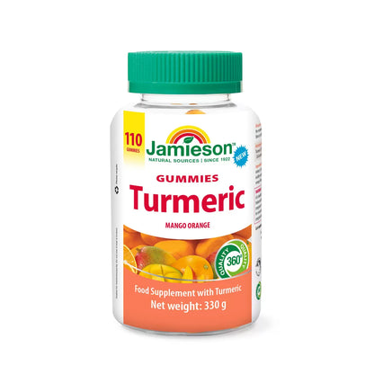 Front angle view of Jamieson Turmeric Gummies 110 count bottle showcasing mango orange gummy detail on a bright white kitchen counter setting.