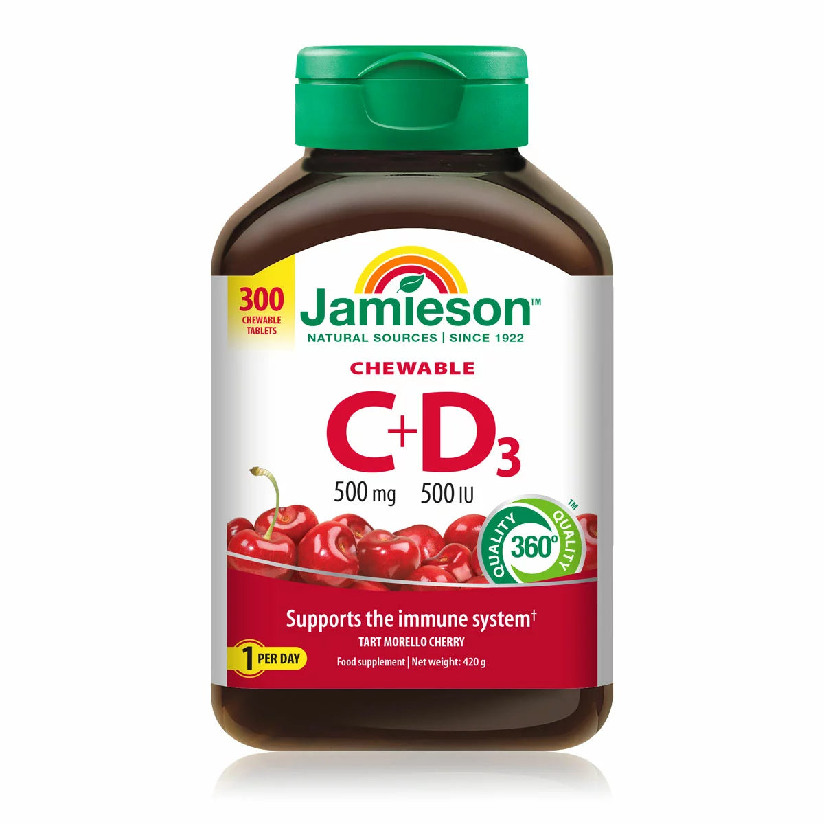 Jamieson Vitamin C+D3 Chewable Tablets Cherry 300 Count for immune support, bone health, and daily vitamin supplementation.