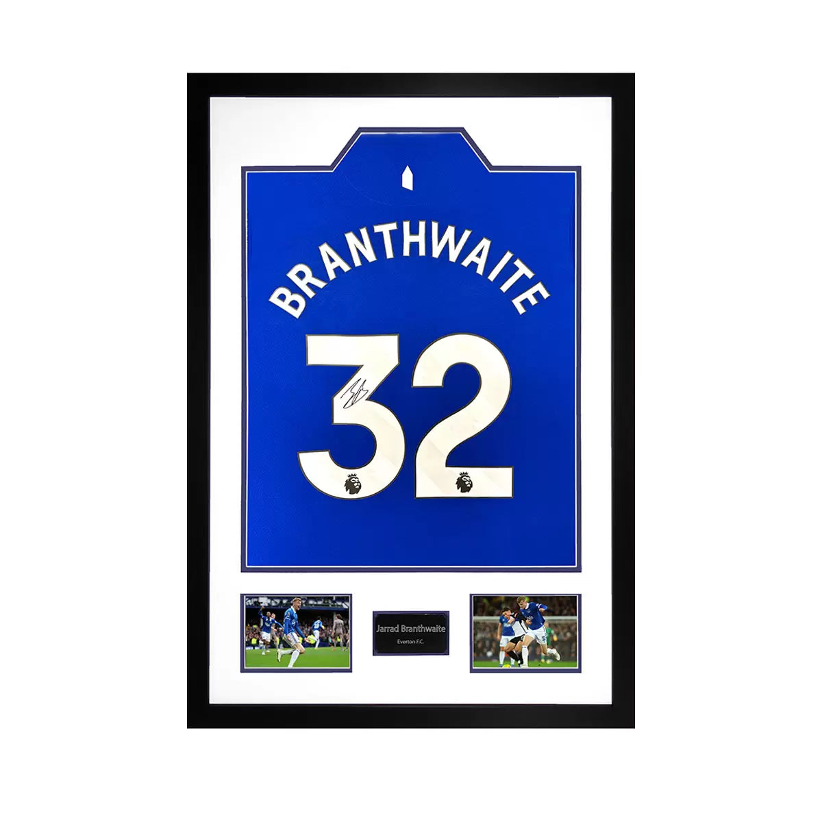 An official Everton 24/25 football shirt signed by Jarrad Branthwaite, displayed in a professional frame with two action photos and authentication documentation.
