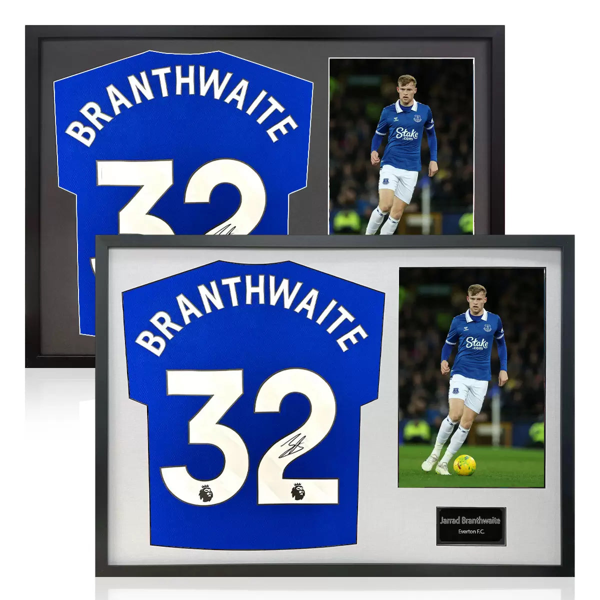 A professionally framed Everton shirt signed by Jarrad Branthwaite featuring a crisp action photo, displayed in a choice of black or white mounting.