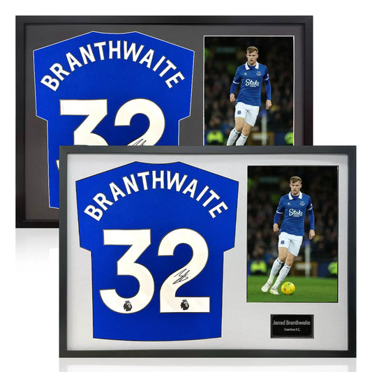 A professionally framed Everton shirt signed by Jarrad Branthwaite featuring a crisp action photo, displayed in a choice of black or white mounting.