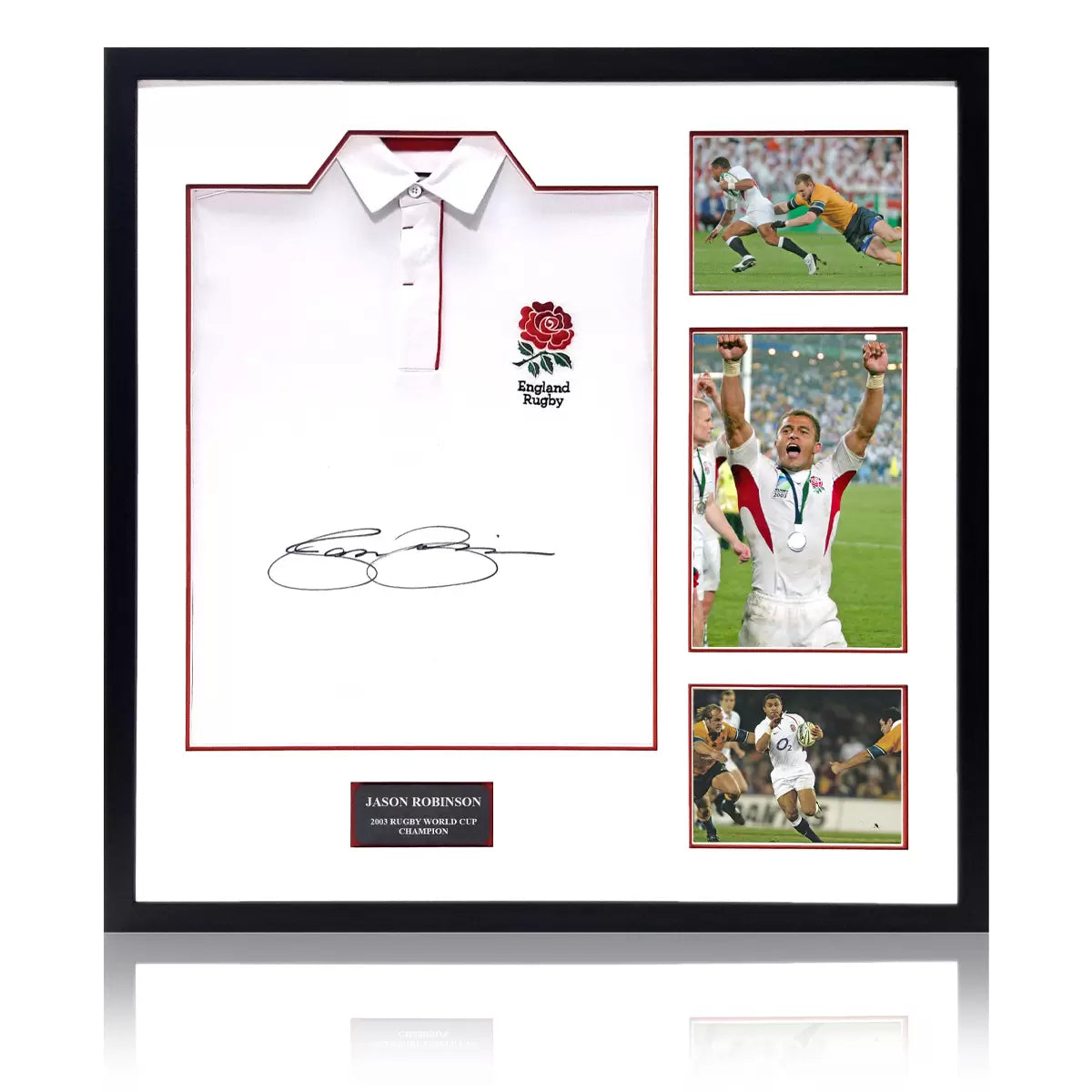 A professionally framed England rugby shirt signed by Jason Robinson, displayed alongside three action photographs and a commemorative plaque in a wooden frame.