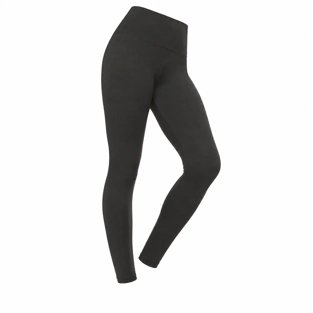 Folded pair of Jezebel velvety black leggings on a wooden surface showing the soft peached fabric texture and wide high-rise waistband.