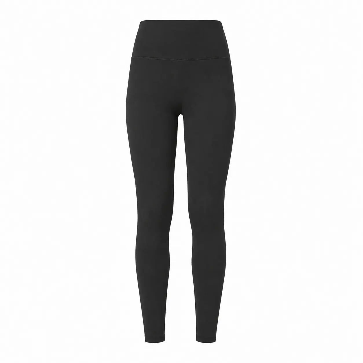 Folded pair of Jezebel velvety black leggings on a wooden surface showing the soft peached fabric texture and wide high-rise waistband.